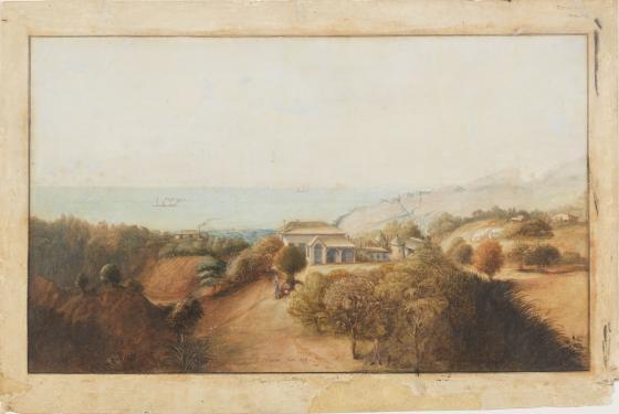 A painting of a view of Bronte House, with hills and bushland in the foreground and the sea with several ships in the distance.