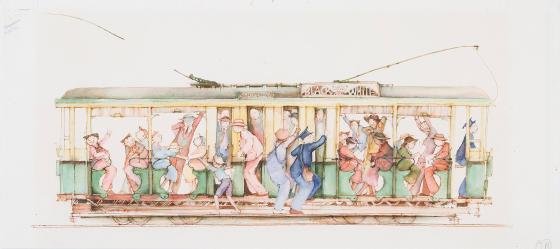 Drawing of an open tram filled with passengers.