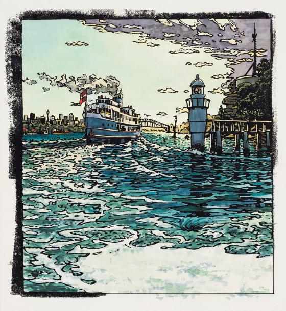 Illustration of a ferry on the river, with the Sydney Harbour Bridge in the background.