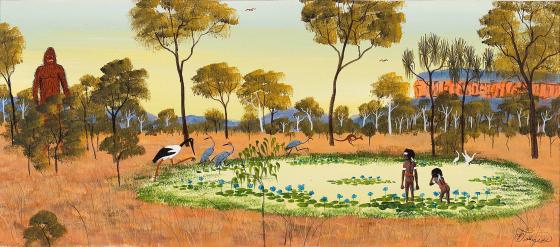 A painting of two Aboriginal boys in a lake, surrounded by water birds.