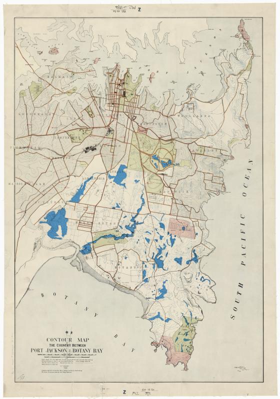 Contour map of the country between Port Jackson & Botany Bay, Sydney, Department of Lands, 1894 - The blue areas, as overlaid by the author, indicate swamp boundaries.
