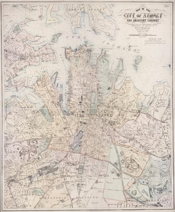 Map of the city of Sydney and adjacent suburbs [cartographic material] / compiled from the latest authentic sources, lithographed and published by H. E. C. Robinson.