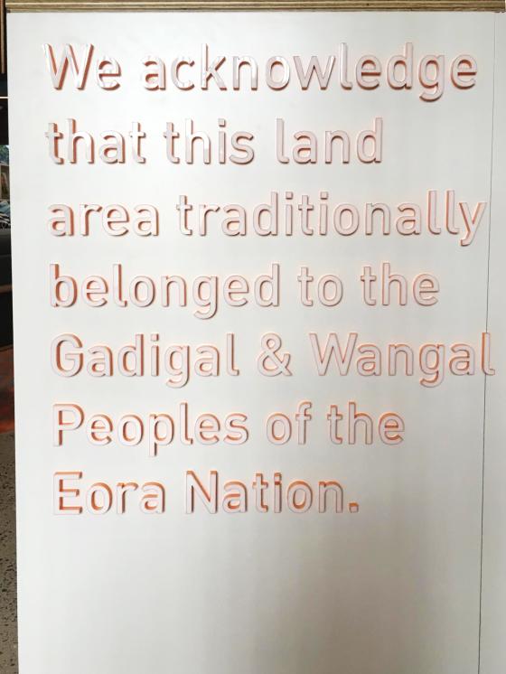 Internal sign acknowledging the traditional Aboriginal owners of the land