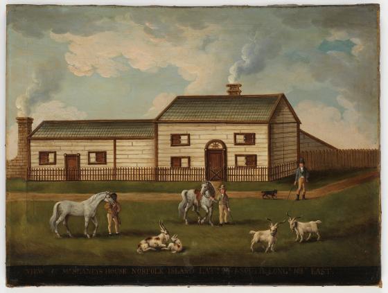 View of Mr Slaneys House, Norfolk Island, Lat. 29 1 - South Long. 168 East, ca. 1800 / oil painting attributed to English Naive School