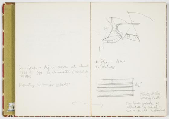 Pencil sketches in an open notebook showing a profile of two of the arches of the Sydney Opera House, surrounded by calculations.