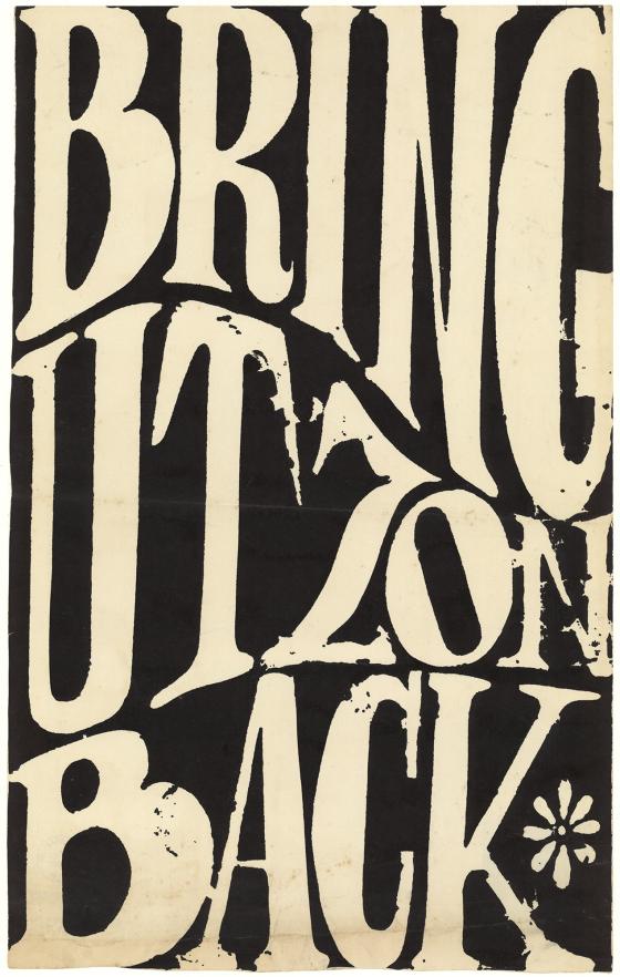 Silk screened poster - Black background with cream writing stating 'Bring Utzon Back'