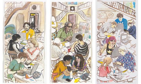 Colourful illustration depicting people sitting at crowded desks, reading and studying. 