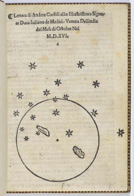 Page of an old book showing a sketch of a planet with constellation of stars.