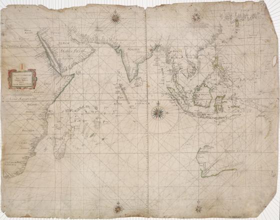 A historical map with worn edges, showing the east coast of Africa, West Coast of Australia and large parts of Asia. The rest of the world is unmapped.