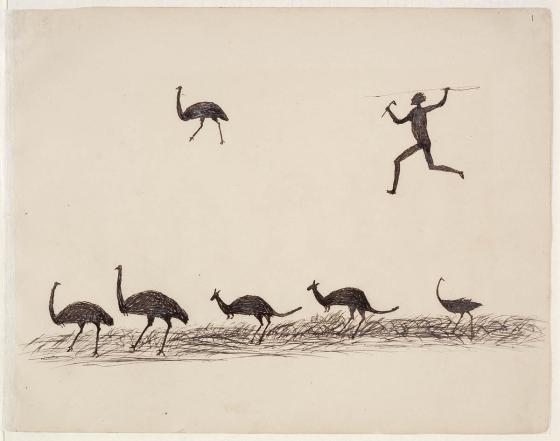 Man with spear and line of emus