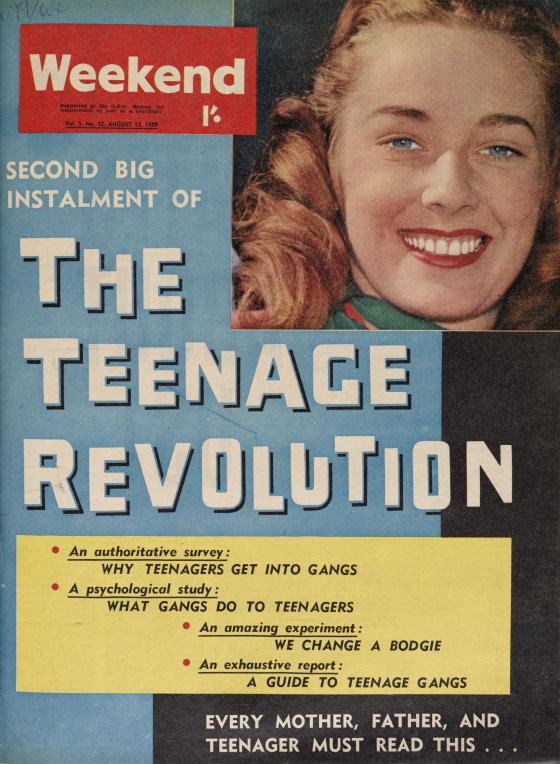 An old magazine cover featuring a photo of a smiling girl, headlined "Second big instalment of the Teenage Revolution".