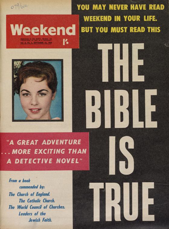 An old magazine cover, featuring a photo of a smiling girl and headlined "THE BIBLE IS TRUE".