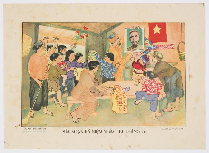 A poster depicting a Vietnamese family household scene, with an older man hanging a portrait of Ho Chi Minh on the wall next to a communist star flag.