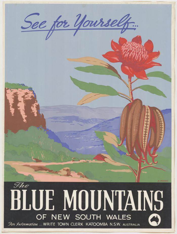 A poster promotion the Blue Mountains showing a graphic of a waratah in front of a landscape showing a cliff face and bushland in the distance. 