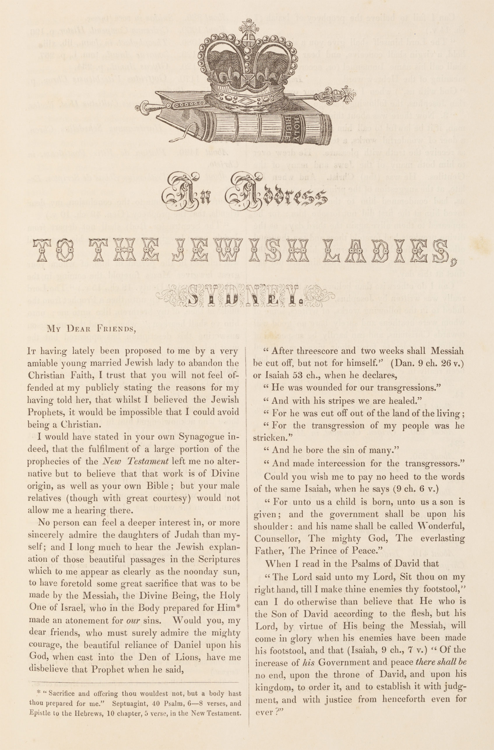 An Address to the Jewish ladies, Sydney, 1854	