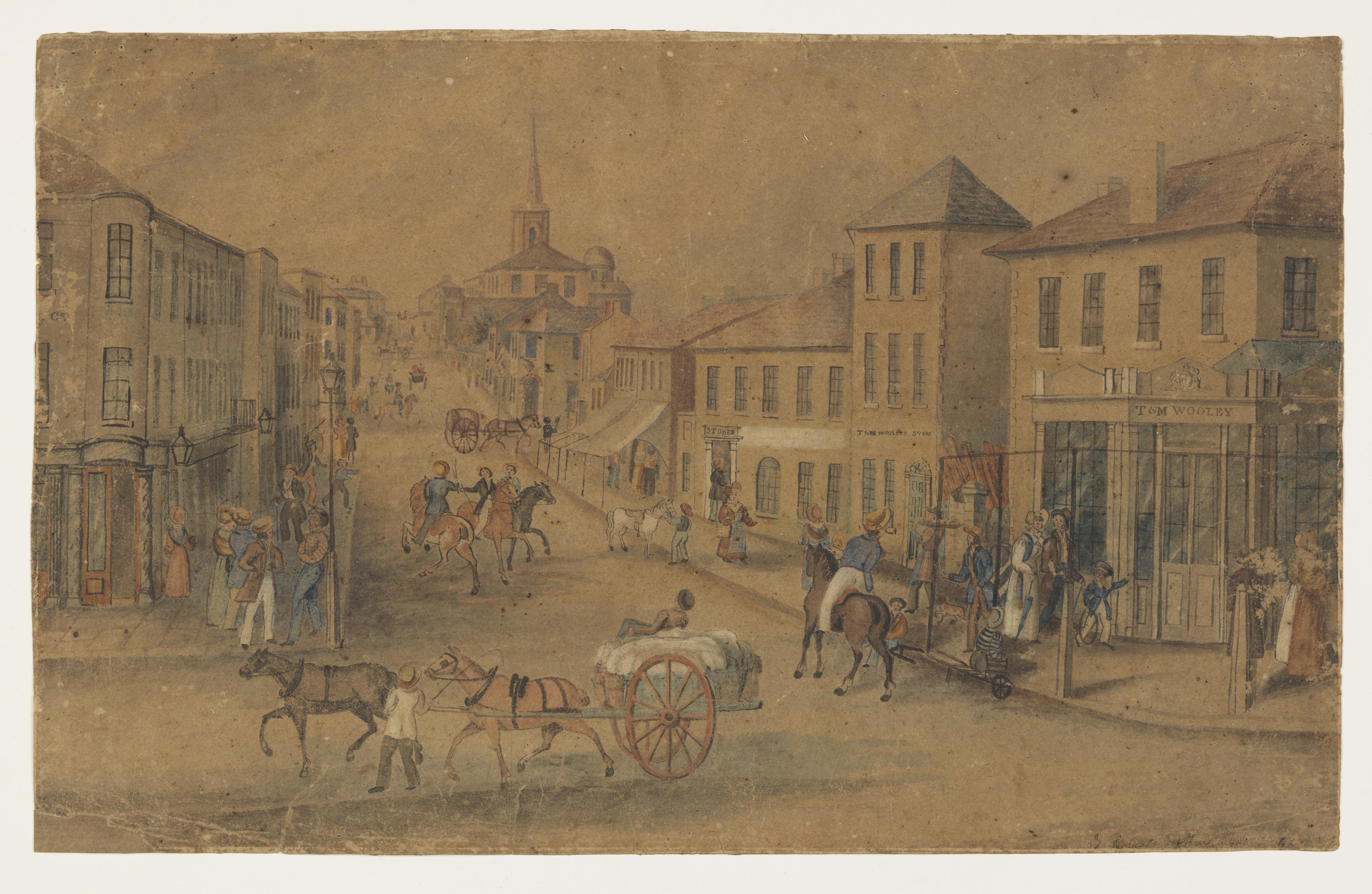 Hand draw illustration of a city street - a horse and carriage travels along the street, a church spire looms in the background. 