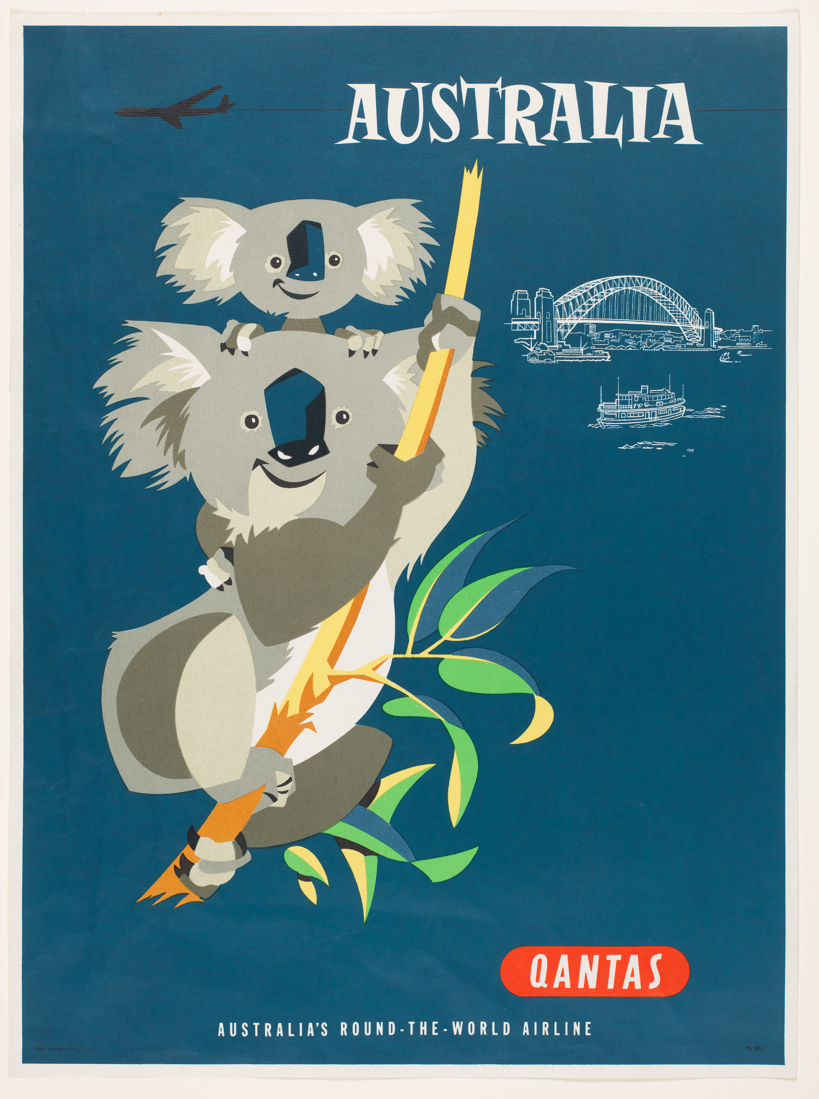 Promotional poster for Qantas Airlines. Two illustrated koala grasp a gum branch in the foreground. A small illustration of the Harbour Bridge is in the background of the image.