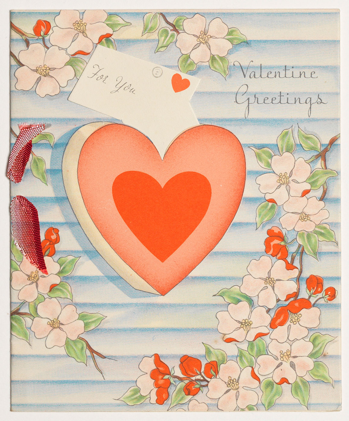 Cover of a Valentine's Day card with illustrated hearts and flowers titled "Valentine Greetings, For You"