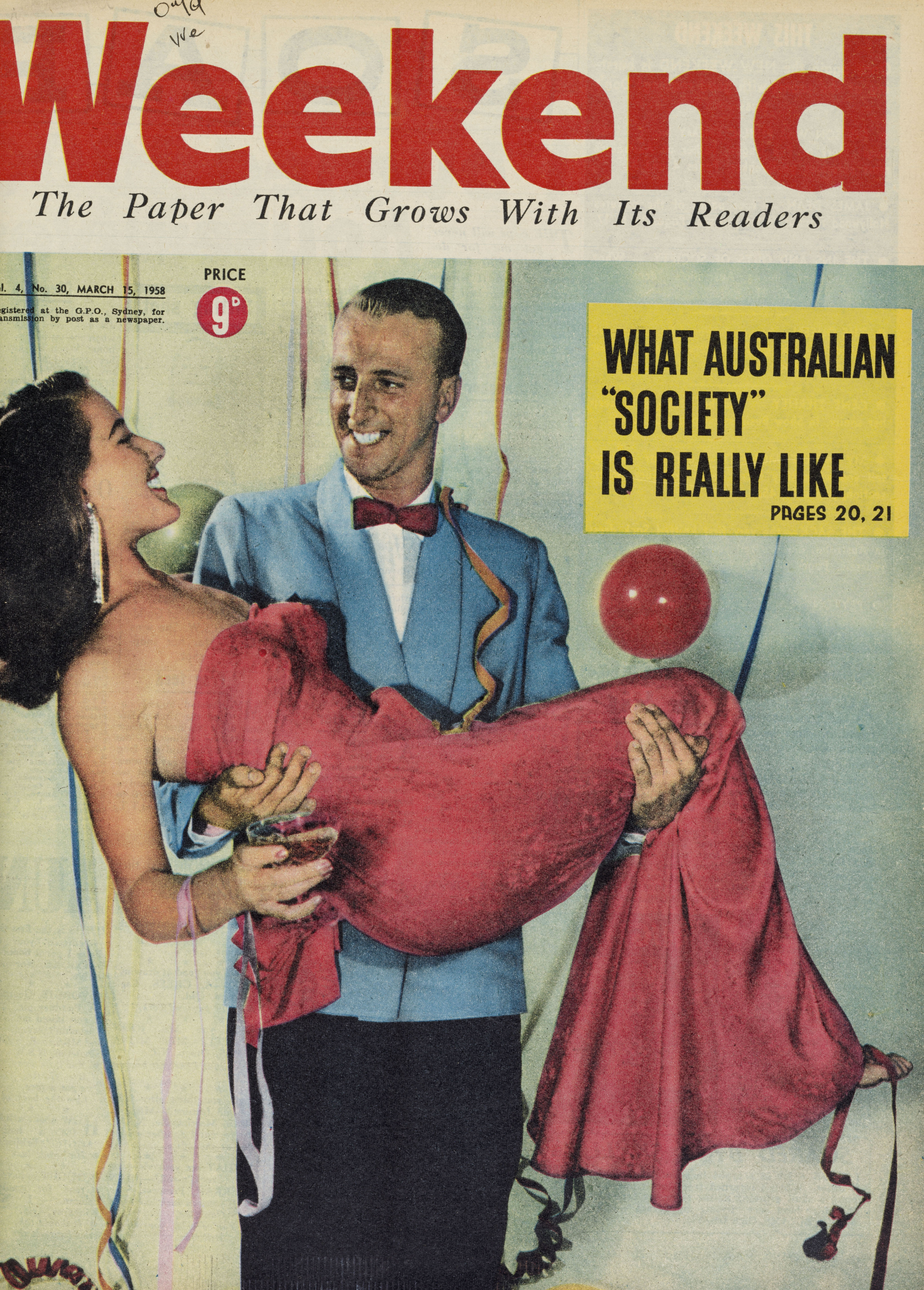 An old magazine cover, featuring a smiling man in a blue suit, carrying a woman in a red dress princess-style, with a backdrop of balloons and streamers, headlined "What Australian "society" is really like".