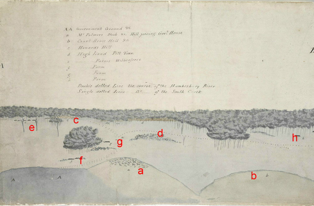Section AB, Sketch of the Inundation in the Neighbourhood of Windsor taken on Sunday the 2nd of June 1816, By unknown, State Library of New South Wales, PX*D 264, (red letters added to aid orientation)