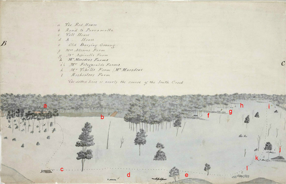 Section BC, Sketch of the Inundation in the Neighbourhood of Windsor taken on Sunday the 2nd of June 1816, By unknown, State Library of New South Wales, PX*D 264, (red letters added to aid orientation)