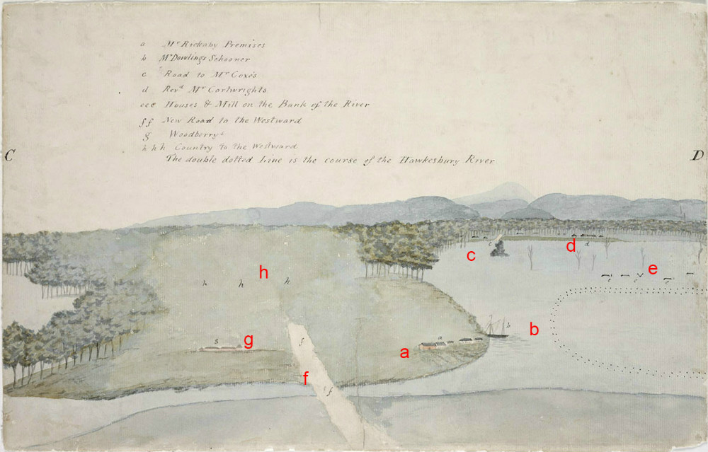Section CD, Sketch of the Inundation in the Neighbourhood of Windsor taken on Sunday the 2nd of June 1816, By unknown, State Library of New South Wales, PX*D 264, (red letters added to aid orientation)