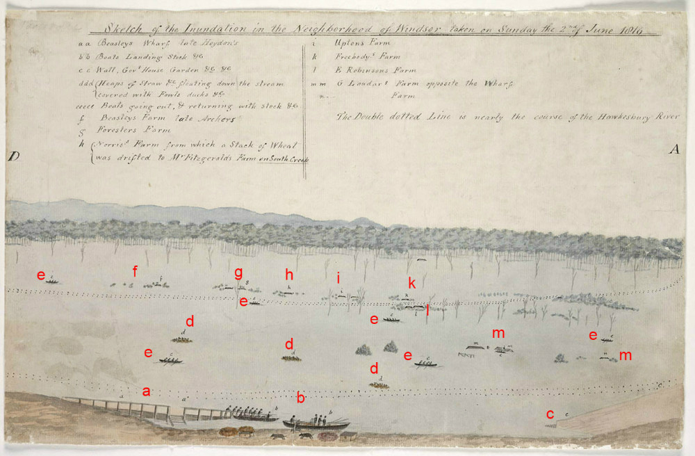 Section DA, Sketch of the Inundation in the Neighbourhood of Windsor taken on Sunday the 2nd of June 1816, By unknown, State Library of New South Wales, PX*D 264, (red letters added to aid orientation)