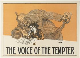 A woman sits contemplating a form asking yes (in favour of) or no for conscription, while the shadow of the Kaiser stands behind, pointing to the "no" box. The poster is labeled "THE VOICE OF THE TEMPTER".