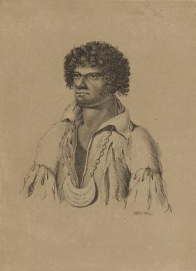 A sketch portrait of an Aboriginal man.