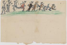 A drawing depicting soldiers marching on a green plain.