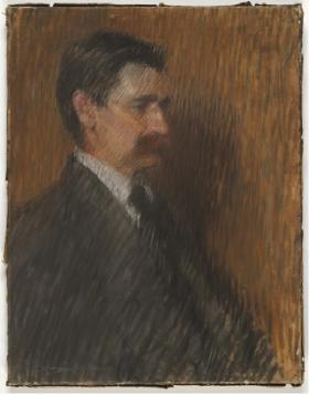 A pastel portrait of Henry Lawson in profile. Lawson wears a suit and tie and has dark brown hair and a reddish brown bushy moustache. His eyes are slightly downcast as he looks to the right hand side of the frame.