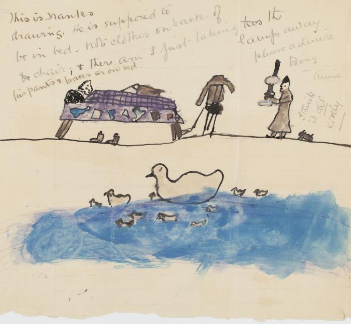 A drawing depicting a child's bedtime and ducklings with mother duck on a pond.